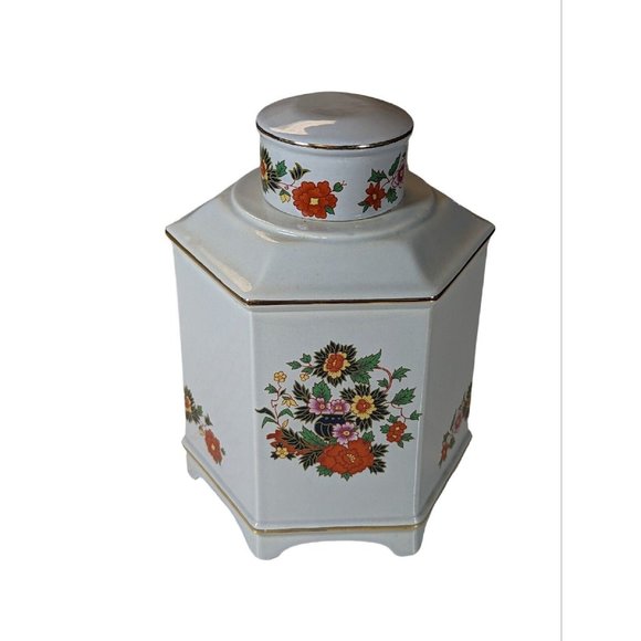 Decorative Hyalyn 836 USA Jar/ Canister Hexagon Oriental Asian Floral - Picture 1 of 10